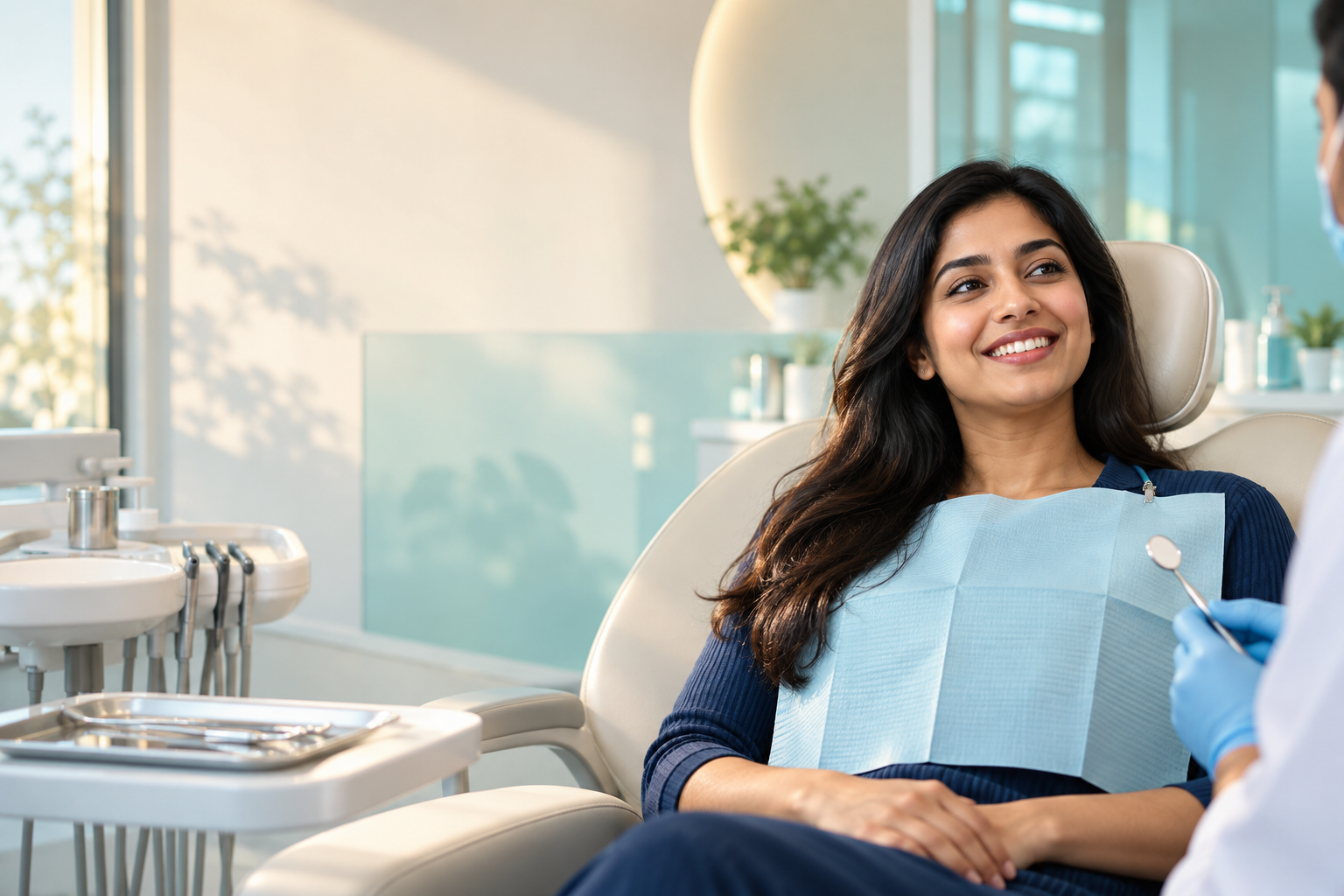 A patient smiling comfortably during a dental consultation
