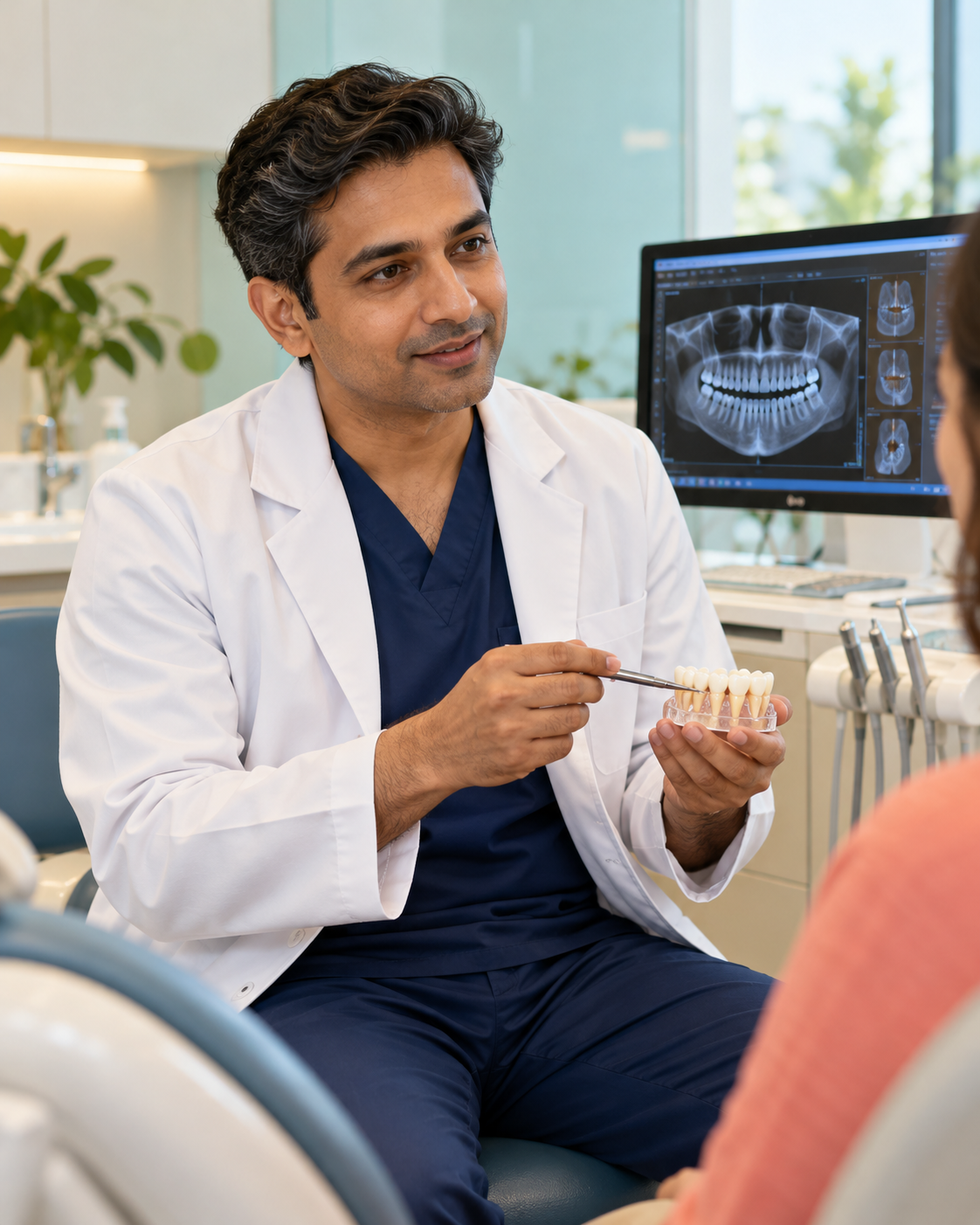 A dentist explaining treatment during a consultation